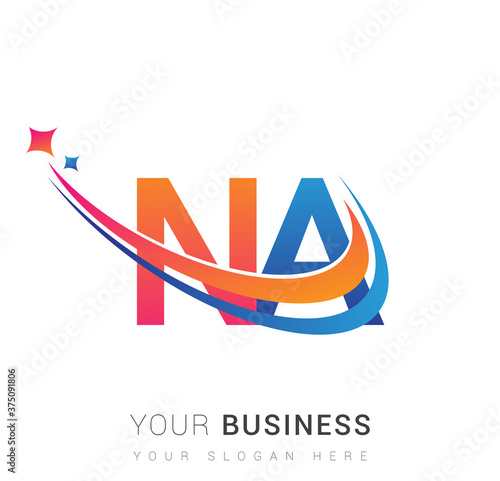 initial letter NA logotype company name colored orange, red and blue swoosh star design. vector logo for business and company identity.