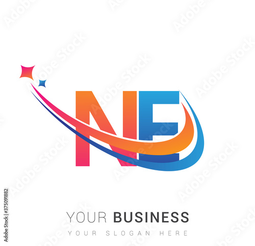 initial letter NE logotype company name colored orange, red and blue swoosh star design. vector logo for business and company identity.