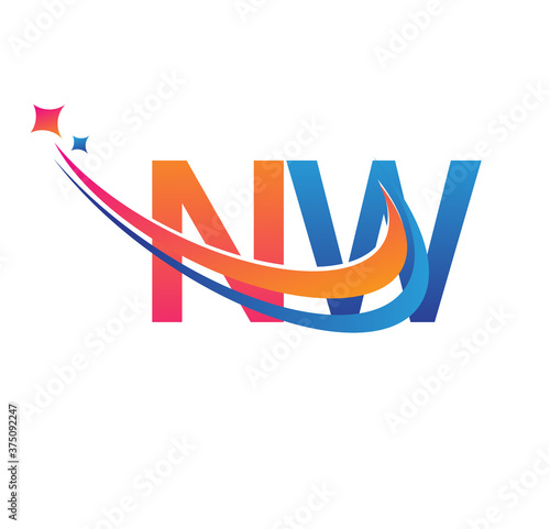 initial letter NW logotype company name colored orange, red and blue swoosh star design. vector logo for business and company identity.