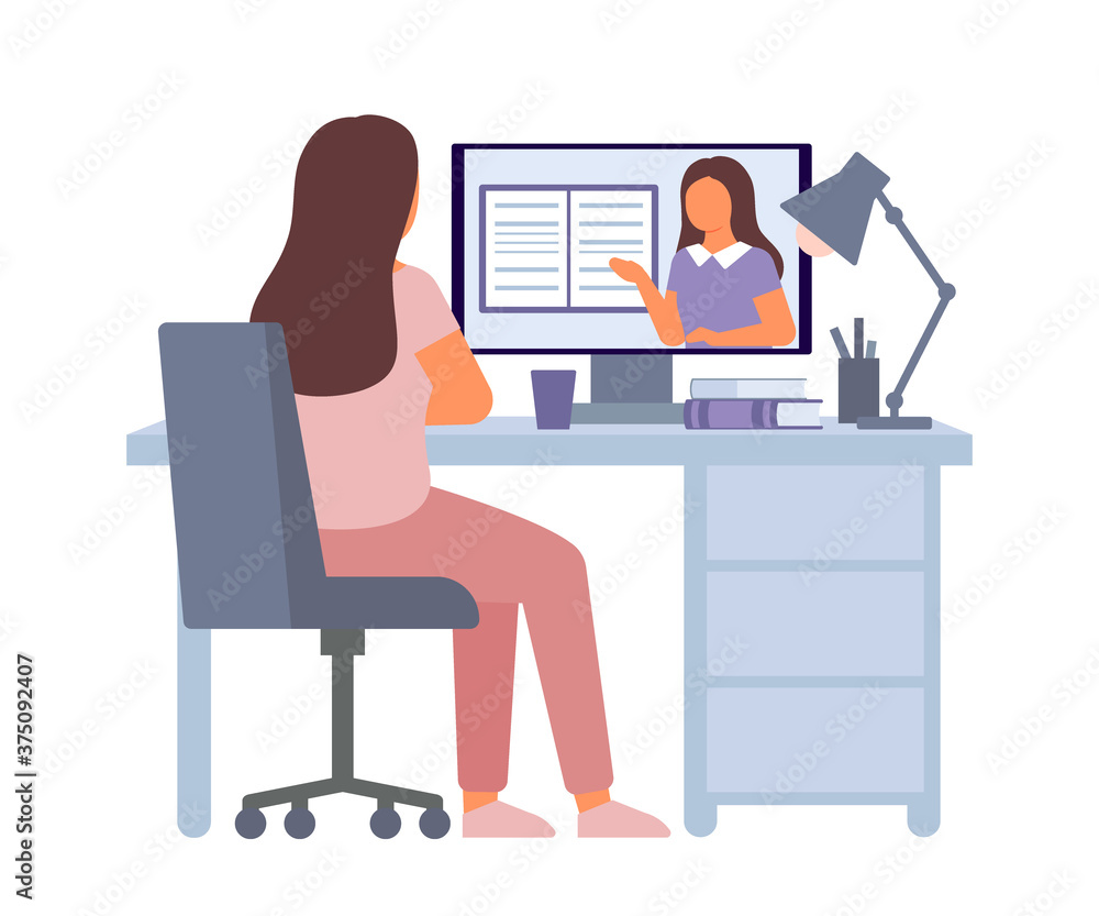 Online education and distance learning at home concept. Computer video conferencing to woman teacher. Video call online meeting. Workspace, remote work, collective virtual meeting. Vector flat Online education and distance learning at home concept. Computer video conferencing to woman teacher. Video call online meeting. Workspace, remote work, collective virtual meeting. Vector flat