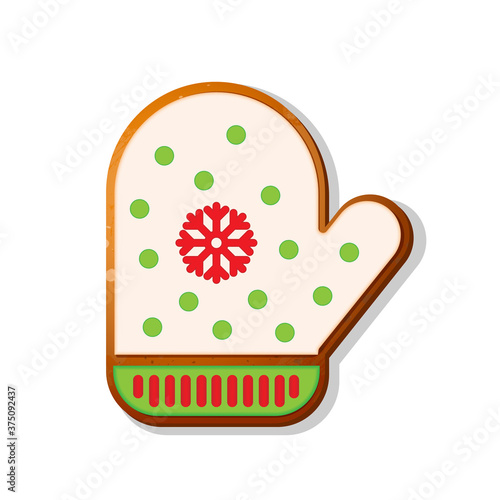 Merry Christmas. Christmas gingerbread cookies  with picture of mitten. Winter holiday food. Vector illustration