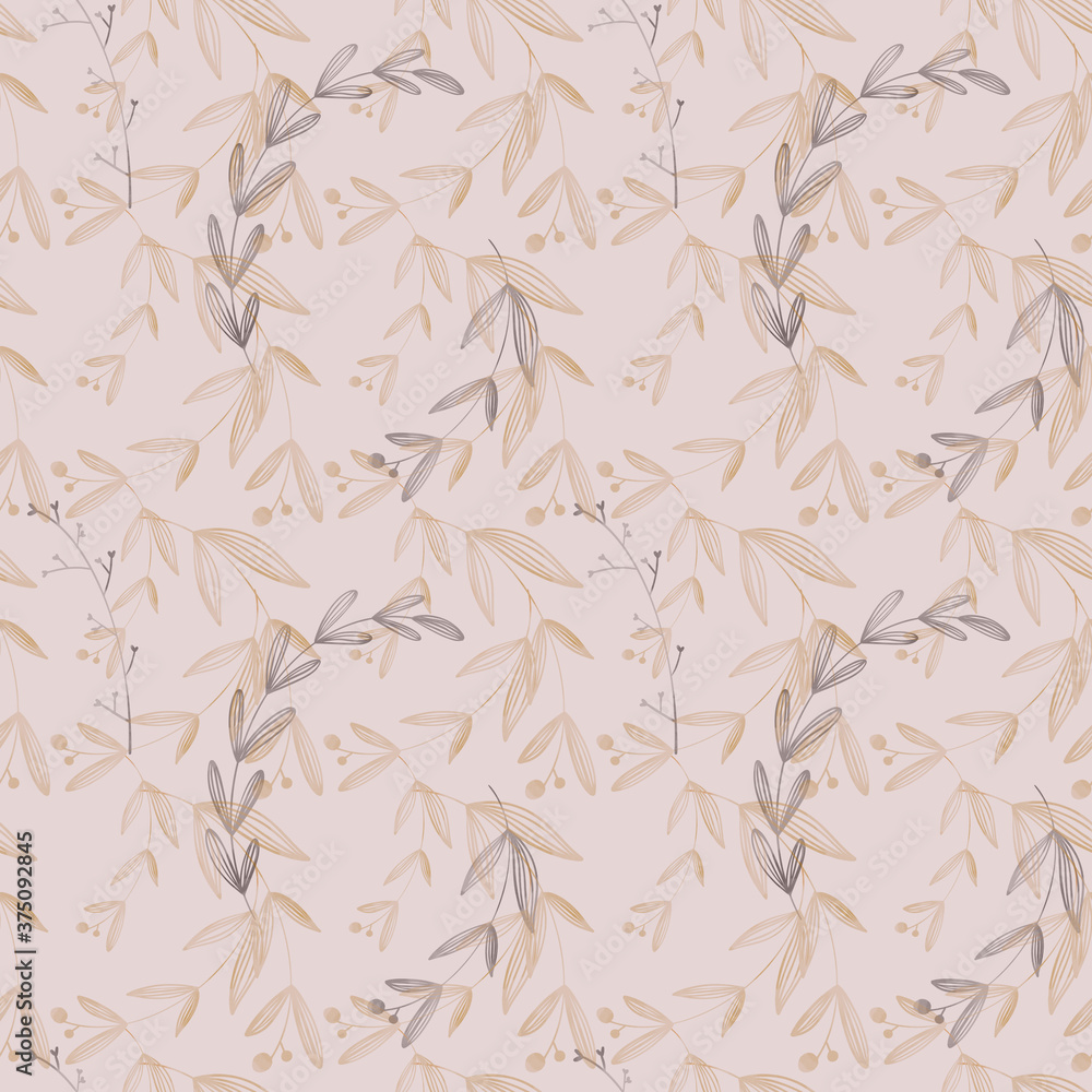 Naklejka premium Cozy kawaii autumn leaves and branches square seamless thanksgiving pattern on beige background. Flat textured digital art. Print for fabric, wrapping paper, banner, clothing, postcards, wallpaper