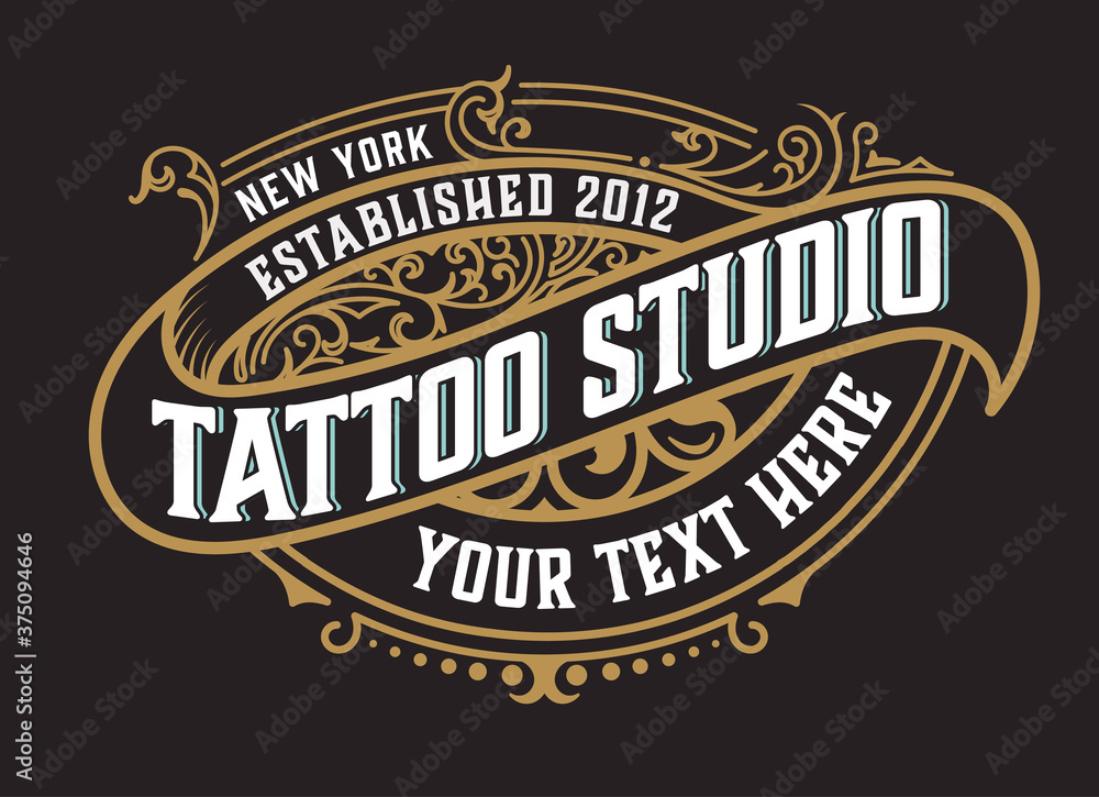 Tattoo logo template. Old lettering on dark background with floral ...
