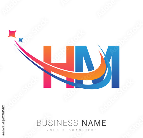 initial letter HM logotype company name colored orange, red and blue swoosh star design. vector logo for business and company identity.