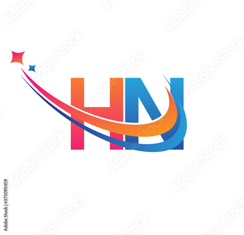 initial letter HN logotype company name colored orange, red and blue swoosh star design. vector logo for business and company identity.