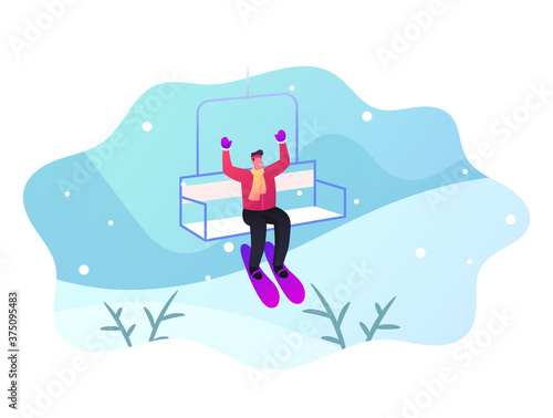 Happy Man Wearing Skis Rise to Lift Elevator. Male Go Up Hill on Cable Rope Funicular Spending Time at Winter Resort