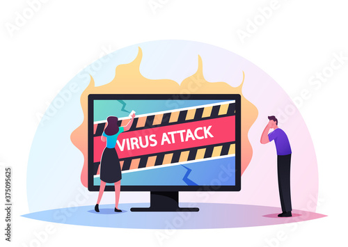 Cyberspace Security, Defence of Hacker Attack Service. Trojan Worm in Pc. Tiny Male Female Characters at Huge Computer