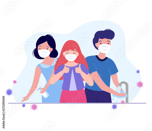 People wearing a medical face mask, sanitizing with alcohol gel and washing hands for COVID-19 or Coronavirus hygiene guide in flat style. Health care concept for vector illustration.
