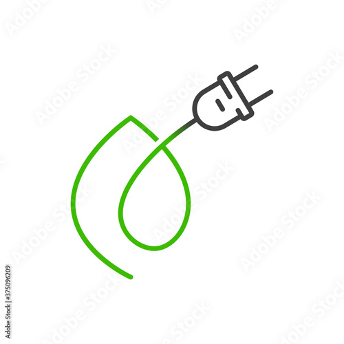 Concepto energía eléctrica limpia y renovable. Logotipo lineal enchufe eléctrico con cable con hoja de planta como nudo en verde y blanco 