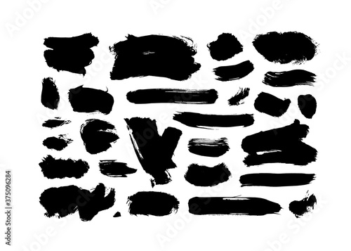Vector black paint, ink brush strokes and splotch collection. Dirty grunge design element, box or background for text. Grungy black smears and splodges. Hand drawn ink illustration isolated on white