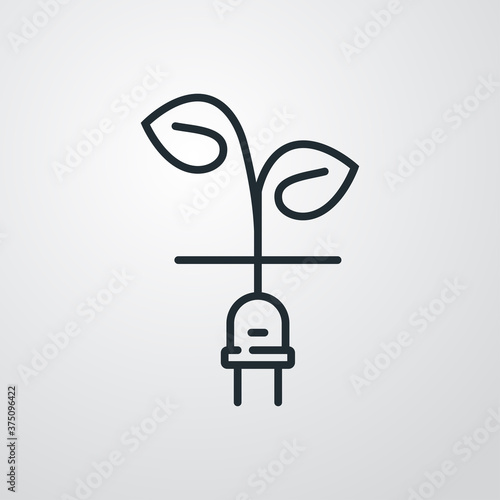 Concepto energía eléctrica limpia y renovable. Logotipo lineal enchufe eléctrico con cable como planta en fondo gris