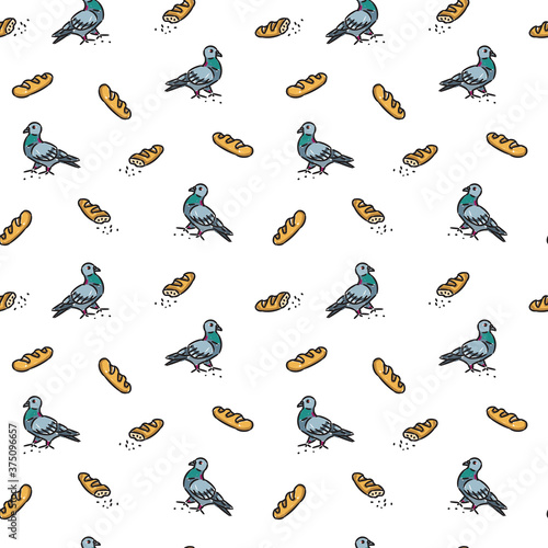Pigeons and long loaves vector seamless pattern on white background