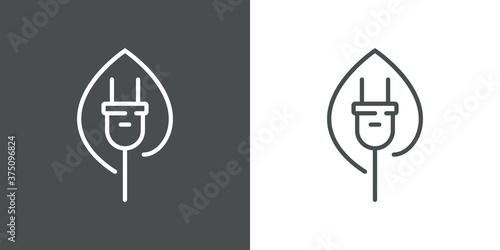 Concepto energía eléctrica limpia y renovable. Logotipo lineal enchufe eléctrico con cable dentro de hoja de planta en fondo gris y fondo blanco