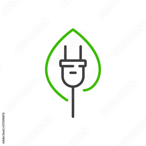 Concepto energía eléctrica limpia y renovable. Logotipo lineal enchufe eléctrico con cable dentro de hoja de planta en verde y gris