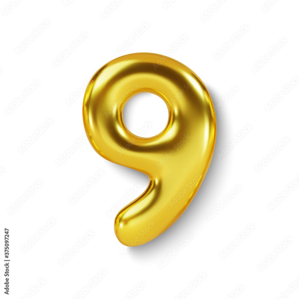 Golden Number Balloon 9 Nine. Vector realistic 3d character Golden Number Balloon 9 Nine. Vector realistic 3d character