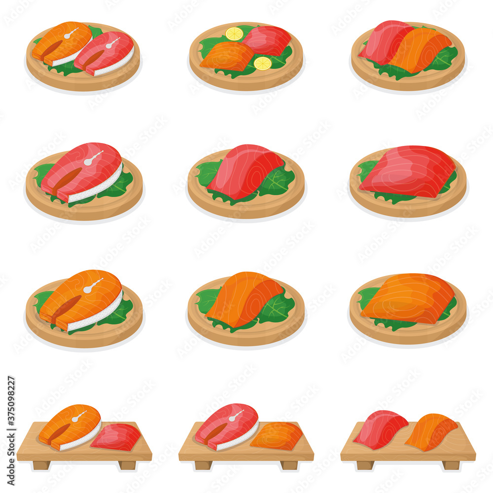 Set of piece fish tuna salmon, fresh steak tenderloin on wooden board isolated on white, cartoon vector illustration. Healthy fat seafood stuff icon food. Set of piece fish tuna salmon, fresh steak tenderloin on wooden board isolated on white, cartoon vector illustration. Healthy fat seafood stuff icon food.