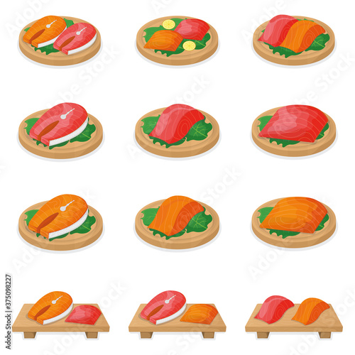 Set of piece fish tuna salmon, fresh steak tenderloin on wooden board isolated on white, cartoon vector illustration. Healthy fat seafood stuff icon food.