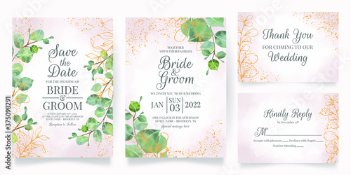 wedding invitation card template set with watercolor decoration