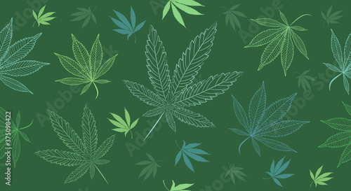 Vector Seamless Medical Cannabis, Marihuana Leaves on a Green Background. Hand painted ganja leaves for surface design - packaging, posters, textile design.