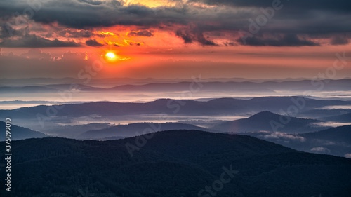 Superb mountain vista. Summer sunrise in the Carpathian Mountains. Bieszczady National Park. Poland.