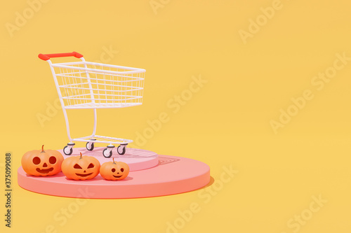 3D rendering pumpkins with cart on pastel yellow background, halloween cute concept in supermaket