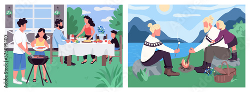 Family holiday flat color vector illustration set. Children and parent eat barbecue. People camping and roast marshmellow. Recreational 2D cartoon landscape with nature on background collection