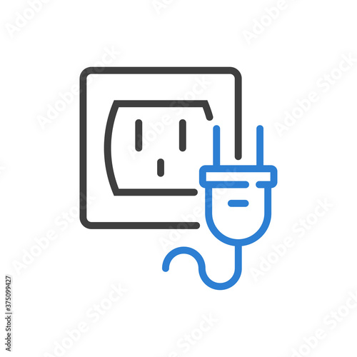 Concepto energía eléctrica. Logotipo lineal enchufe eléctrico con cable y salida de pared en gris y azul