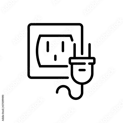 Concepto energía eléctrica. Logotipo lineal enchufe eléctrico con cable y salida de pared en color negro