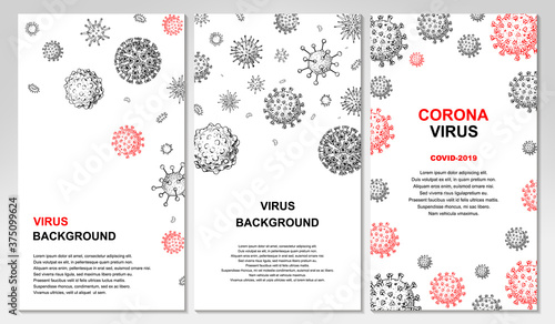 Pack of vertical virus design with hand drawn elements for banners, social media stories, cards, leaflets. Microscope virus close up. Vector illustration in sketch style. COVID-2019