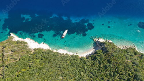Aerial drone photo of beautiful paradise turquoise sea sandy beach and bay of Gidaki accessible by short hiking in beautiful Ionian island of Ithaki or Ithaca, Greece © aerial-drone