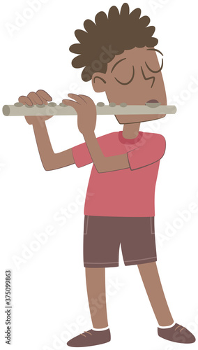 Little boy playing the flute. Retro style illustration of a little black boy playing the flute.