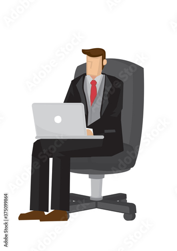 Isolated business man in a suit working on a laptop computer at his lap.
