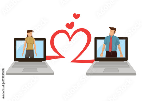Man and woman using computer to connect for love. Concept of online love or dating.