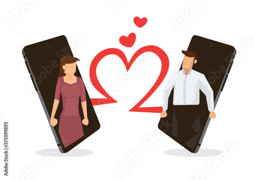 Man and woman using smartphone to connect for love. Concept of online love or dating.