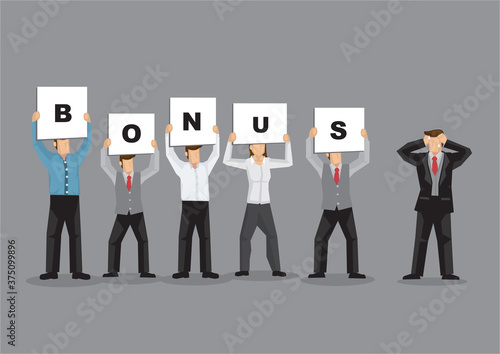 Group of office workers demand their bonus from their boss. Concept of labour rights. Vector illustration.
