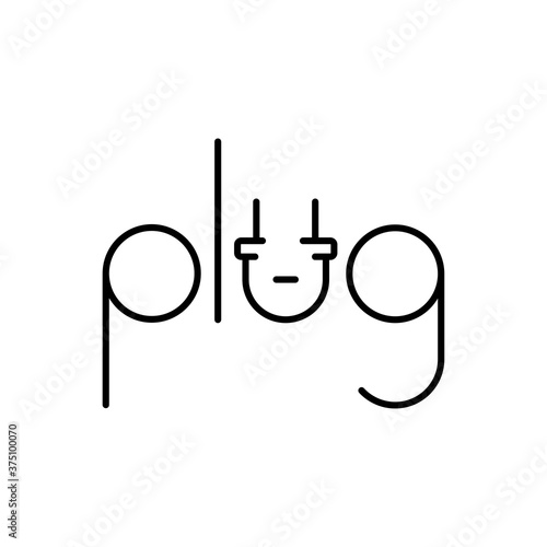 Concepto energía eléctrica. Logotipo lineal palabra plug como enchufe eléctrico en color negro