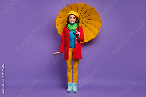 Full length body size view of nice attractive lovely charming pretty fashionable cheerful cheery modest wavy-haired girl holding umbrella posing isolated on violet lilac purple pastel color background