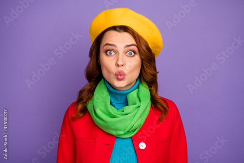 Close-up portrait of her she nice-looking attractive lovely lovable pretty girlish flirty wavy-haired girl sending air kiss isolated over violet lilac purple pastel color background