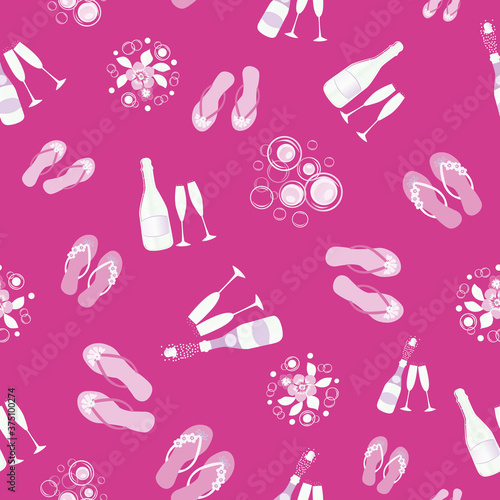 Flip flop shoe and Champagne bubbles vector seamless pattern background. Bottles, glasses, fizzy drink, sandals pink silver white backdrop. All over print for beach resort, party, celebration concept
