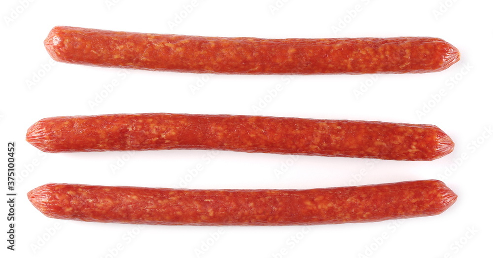 Fermented, smoked sausages isolated on white background, top view Fermented, smoked sausages isolated on white background, top view