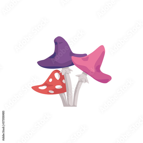 Poisonous fantasy magic mushrooms, flat cartoon vector illustration isolated.