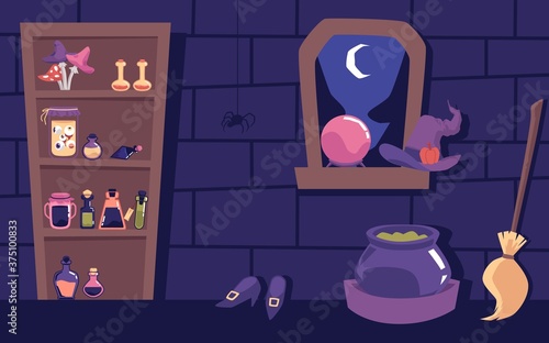 Scary witch room interior - Halloween banner with magic potion shelf