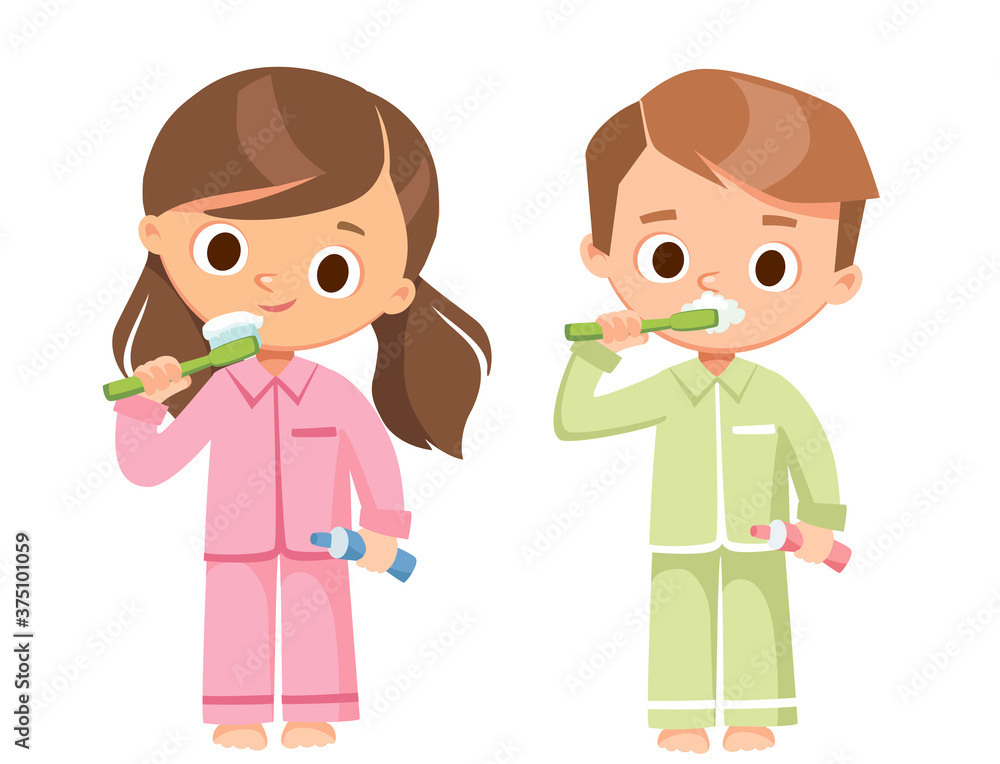 Little girl and boy in pajamas brushing teeth with toothpaste. Picture image symbol of smiling tooth. Dentist dental linik icon.