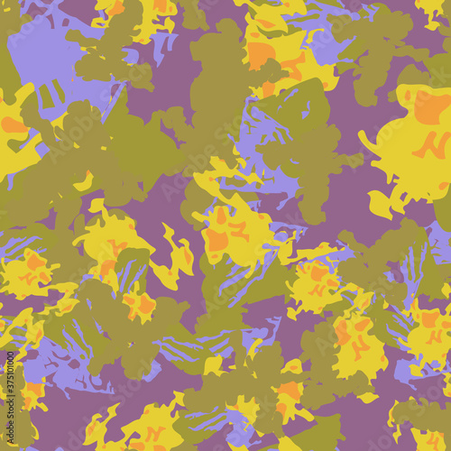 UFO camouflage of various shades of violet  green  orange and yellow colors