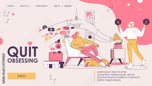 Vector landing page concept illustration with women listening to old fashioned music via gramophone and ignoring social media push notifications on laptop. Pink interior scene