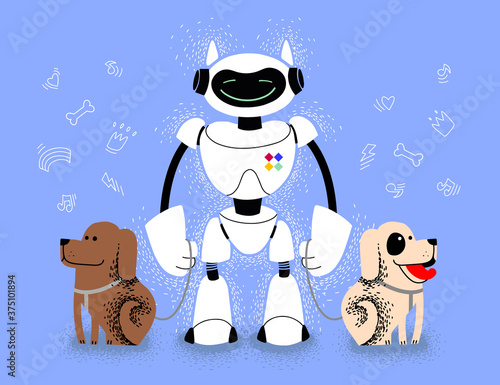Robot walking with dogs. Artificial intelligence technology. android assistant people. robots will replace humans. Futuristic services.