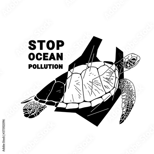 Stop ocean plastic pollution. Environmental poster. The concept of World Oceans Day helps protect animals and the environment. Sea turtle and plastic bag