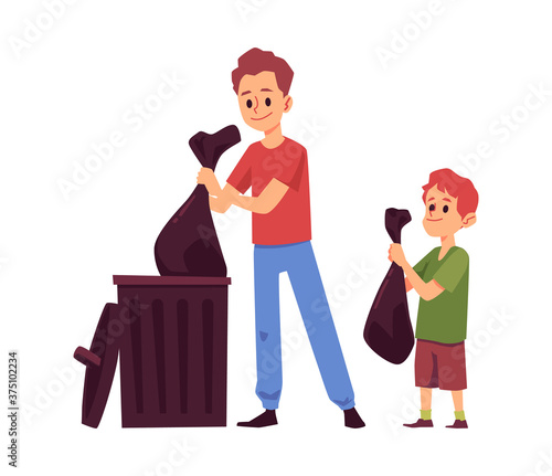 Kid and parent with trash bags putting them in garbage bin.