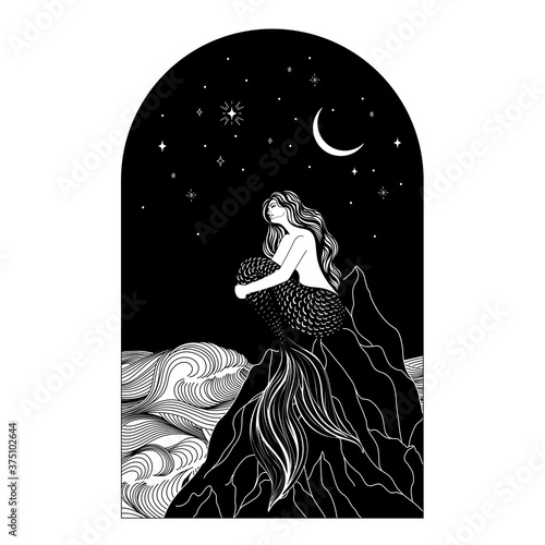A mermaid sits on the seashore, against the background of a dark sky with stars and the moon. Sketch hand drawing contour line art vector illustration.