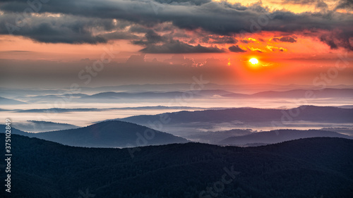 Superb mountain vista. Summer sunrise in the Carpathian Mountains. Bieszczady National Park. Poland.